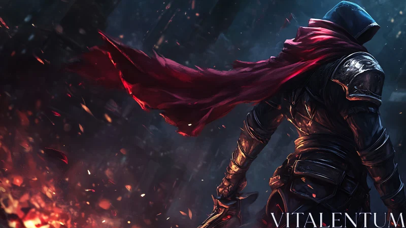 Hooded armored warrior with red scarf in burning ruins.