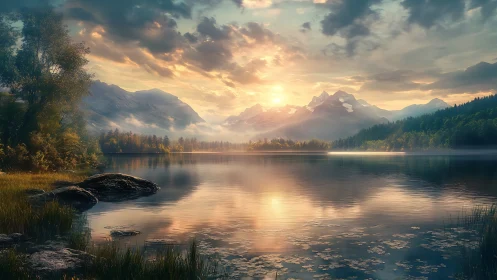 Mountain lake landscape shows reflective water at sunrise