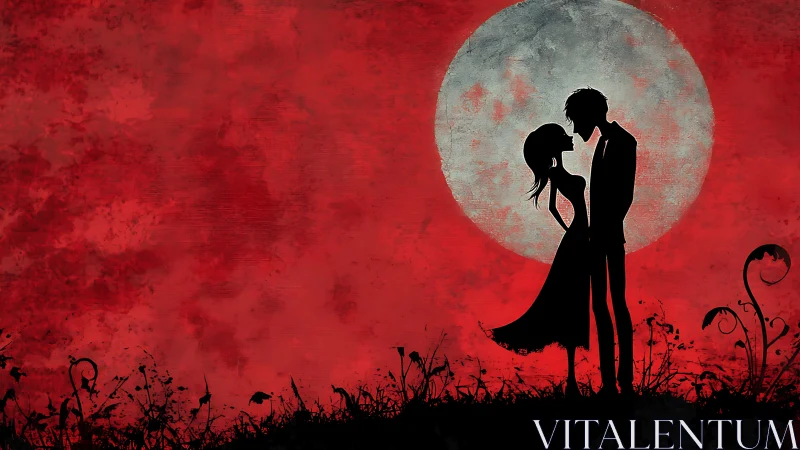 Moonlit Romance: Silhouettes Dancing Under Crimson Skies.