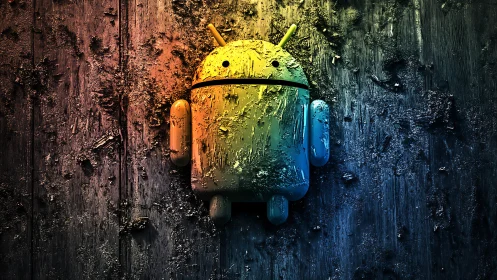 Textured Android robot emblem rendered with gritty tri-color lighting