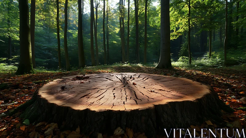 Tree Stump Cross-Section in Sunlit Forest Canopy