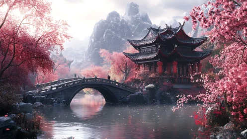 Serene temple and arched bridge rest in pink spring mist