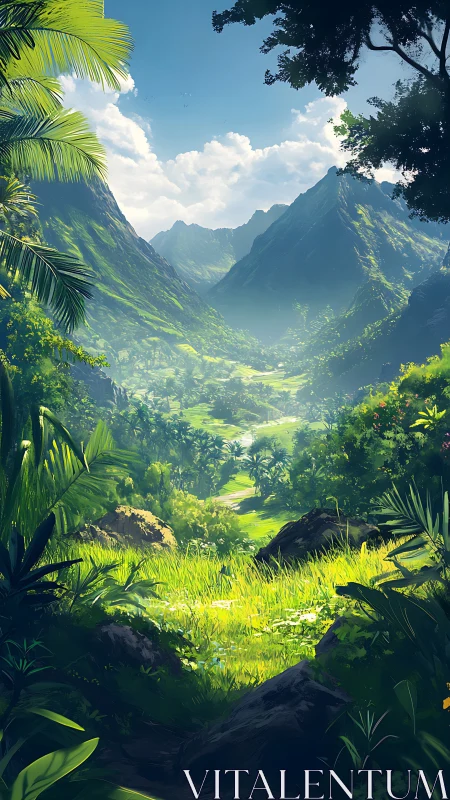 Lush tropical valley extends between sunlit jungle mountains