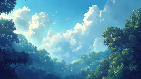 Layered atmospheric digital landscape with volumetric cloud formations and canopy silhouettes