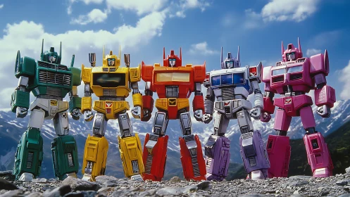 Row of multicolored humanoid robots in alpine landscape.