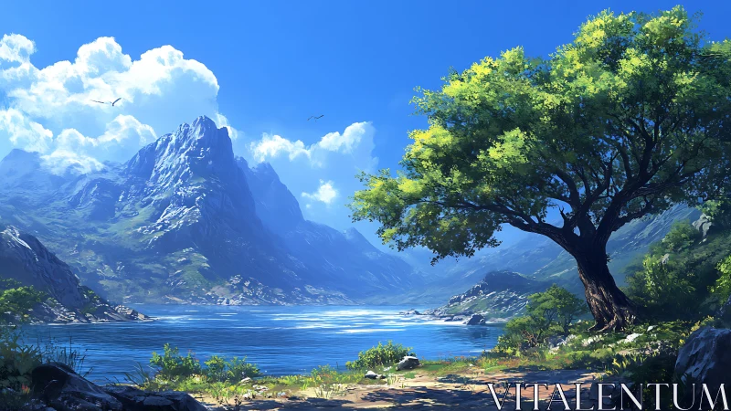 Alpine Lake Valley with Mountain Peak and Ancient Tree