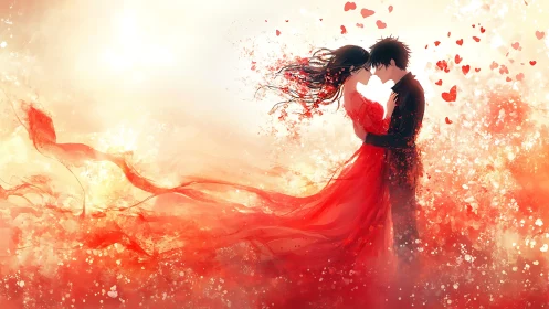 Luminous Embrace: Romantic Couple in Ethereal Red Light.