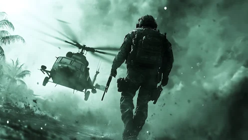 Tactical soldier advancing toward helicopter in smoky combat zone