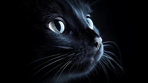 Black Cat with Glowing Eyes Against Dark Background.