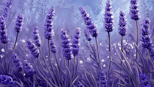 Lavender field glows under soft twilight brushstrokes.