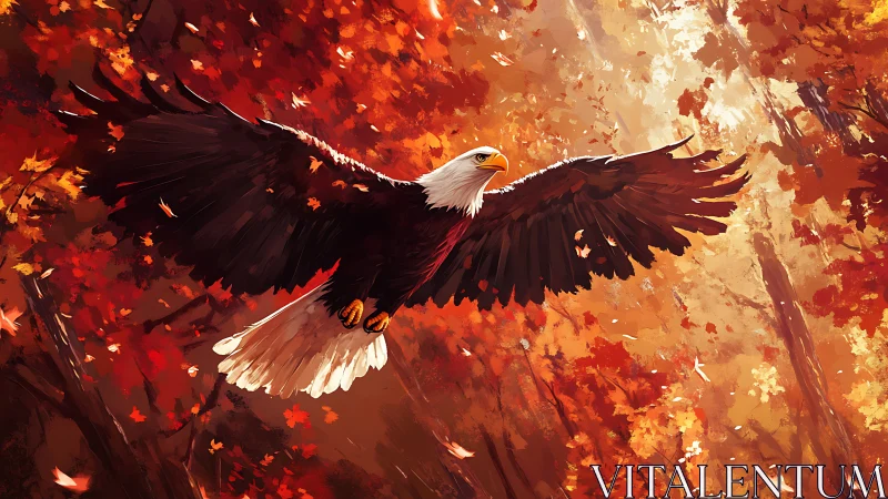 Majestic bald eagle soaring over autumn forest, digital art style.