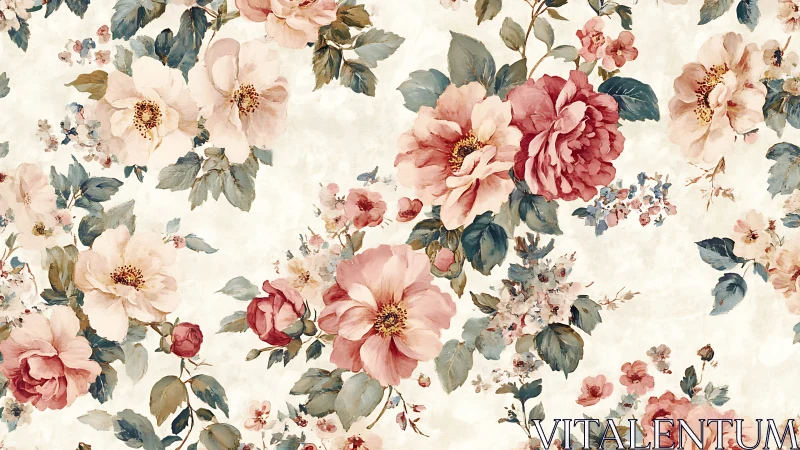Vintage floral pattern shows soft watercolor-rendered peony clusters