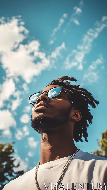 Upward-looking portrait under shallow depth of field sky