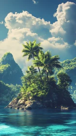 Tropical Island Paradise Beneath Luminous Clouds.