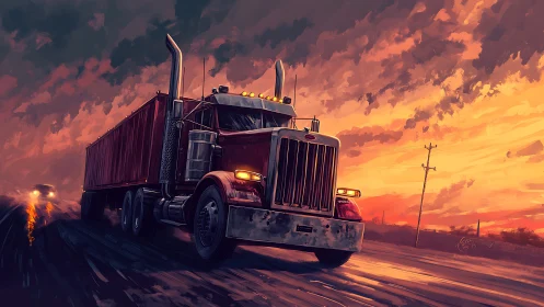 Long-haul semi truck rendered in dynamic sunset digital painting
