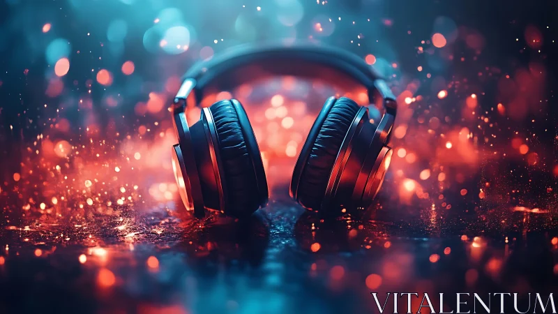 Neon headphones glow amid bokeh sparks on wet surface.
