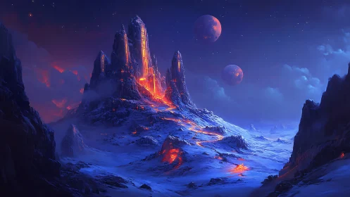 Lava-lit alien spires dominate frozen exoplanet landscape.
