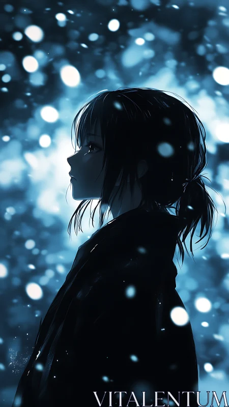 Side-lit anime profile studies bokeh and atmospheric snowfall