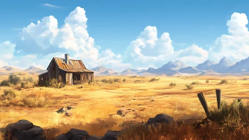 Weathered desert cabin under wide blue sky and clouds.