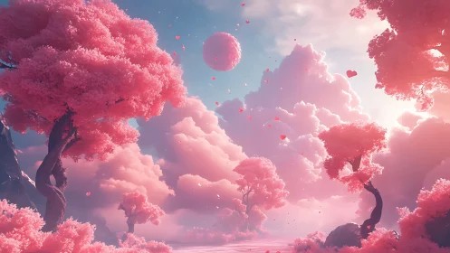 Romantic pastel dreamscape with pink fantasy cloud forest.