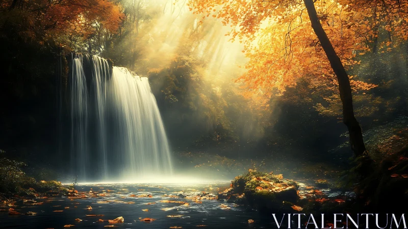Golden autumn waterfall wrapped in soft morning light.