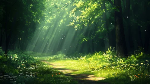 Sunlit forest path with wildflowers in dreamy, painterly style.