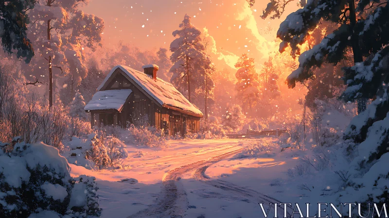 Snowy forest cabin under warm orange winter sunset light.