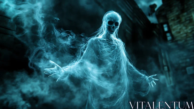 Translucent skeletal specter rendered in volumetric blue fog field