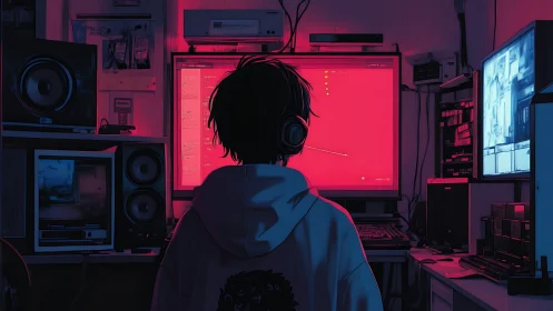 Neon-lit coder at multi-monitor workstation in dark studio.