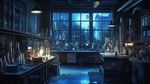 Cozy midnight laboratory aglow with curious blue light.