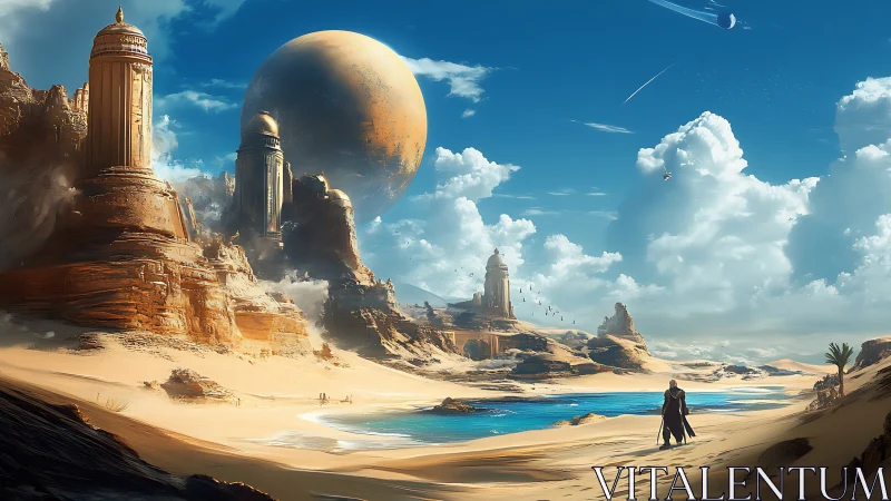 Lone wanderer crosses alien desert toward towering dunes temples