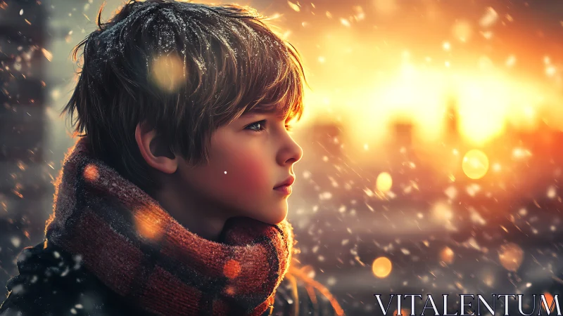 Young Child Gazing Into Golden Bokeh Light.
