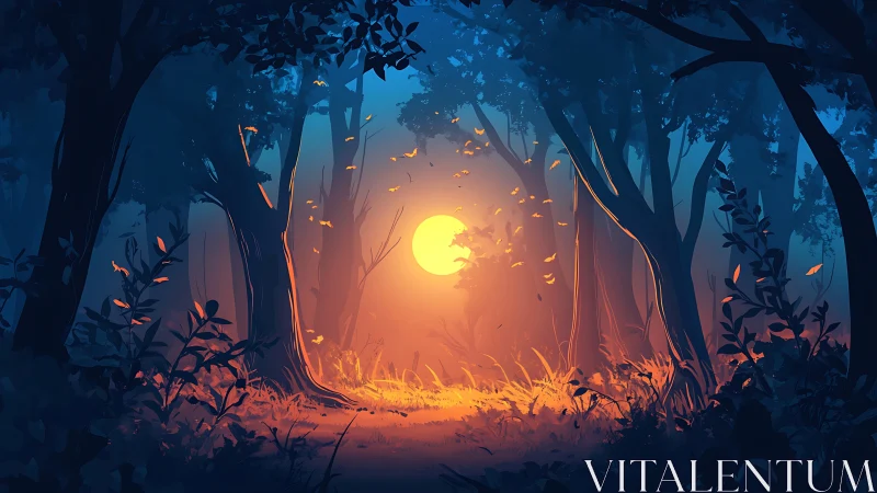 Enchanted Forest Sunset: Luminous Orb Through Silhouetted Canopy