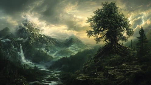 Ancient rooted tree overlooks misty mountains and river valley