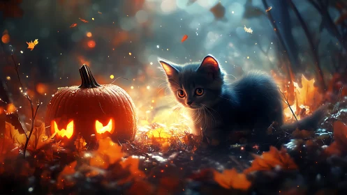 Black Kitten's Enchanted Night with Glowing Jack-O'-Lantern.