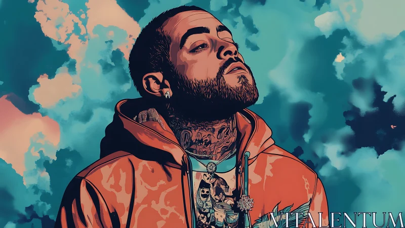 Stylized portrait of tattooed man in hoodie against sky backdrop.