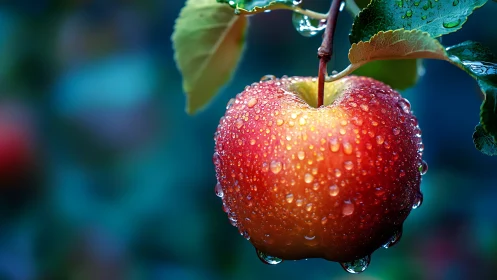 Rain-kissed orchard jewel lingers in a blue twilight hush