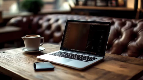 Laptop and latte plotting quiet victories in a leather nook.