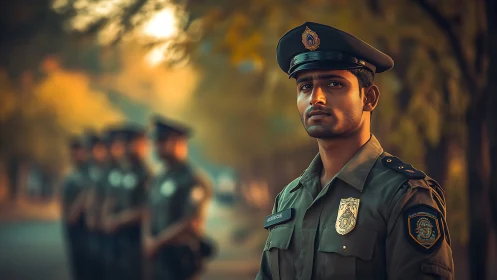 Young police officer stands watch under warm evening light