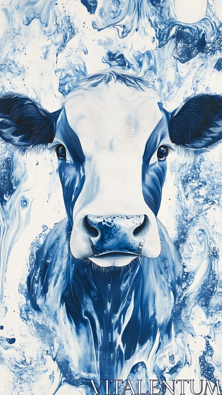 Monochrome blue cow portrait blends realism with fluid abstraction