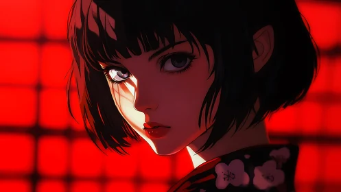 Crimson neon gaze of a bob-haired anime femme fatale.