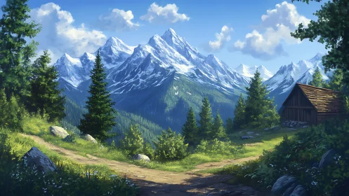 Sunlit alpine path curling toward crystal mountain crowns.