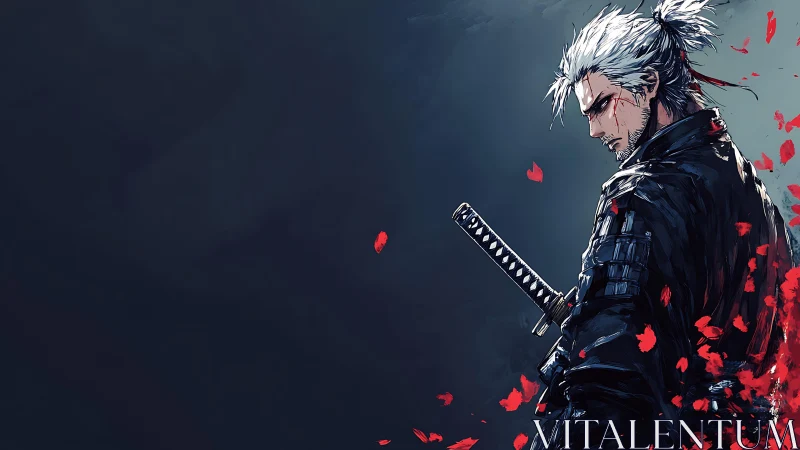 Lone silver haired samurai framed by falling red petals.