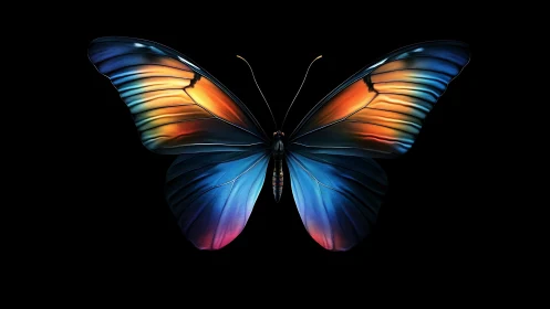 Colorful digital butterfly on black background, front view.