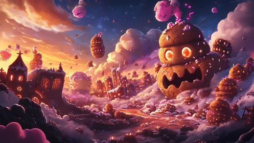 Giant cookie monster towers over glowing candy cityscape