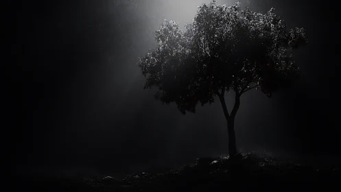 Backlit solitary tree rendered with high contrast volumetric rays