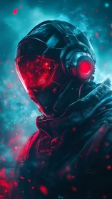 Neon dusk swallows a cyber soldier in burning red glass