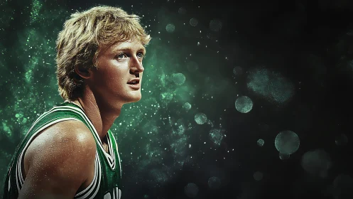 Young basketball player gazes upward in glowing arena haze