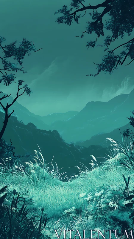 Turquoise Reverie: Mist-Veiled Mountain Valley.