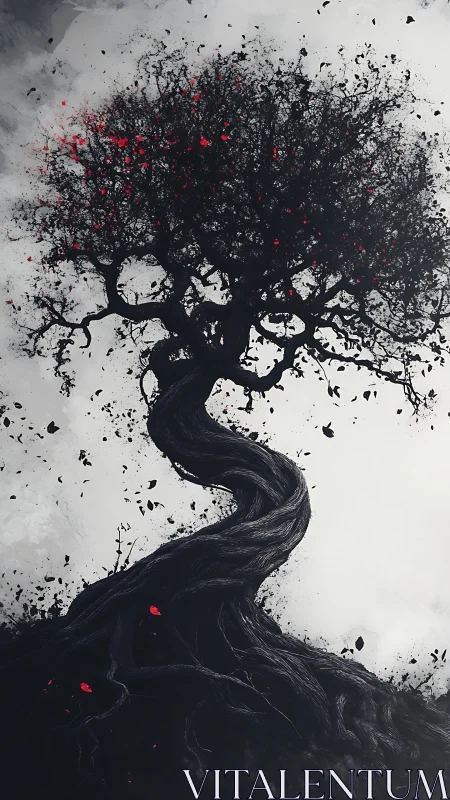 Twisted black tree erupts with crimson leaves on mist.